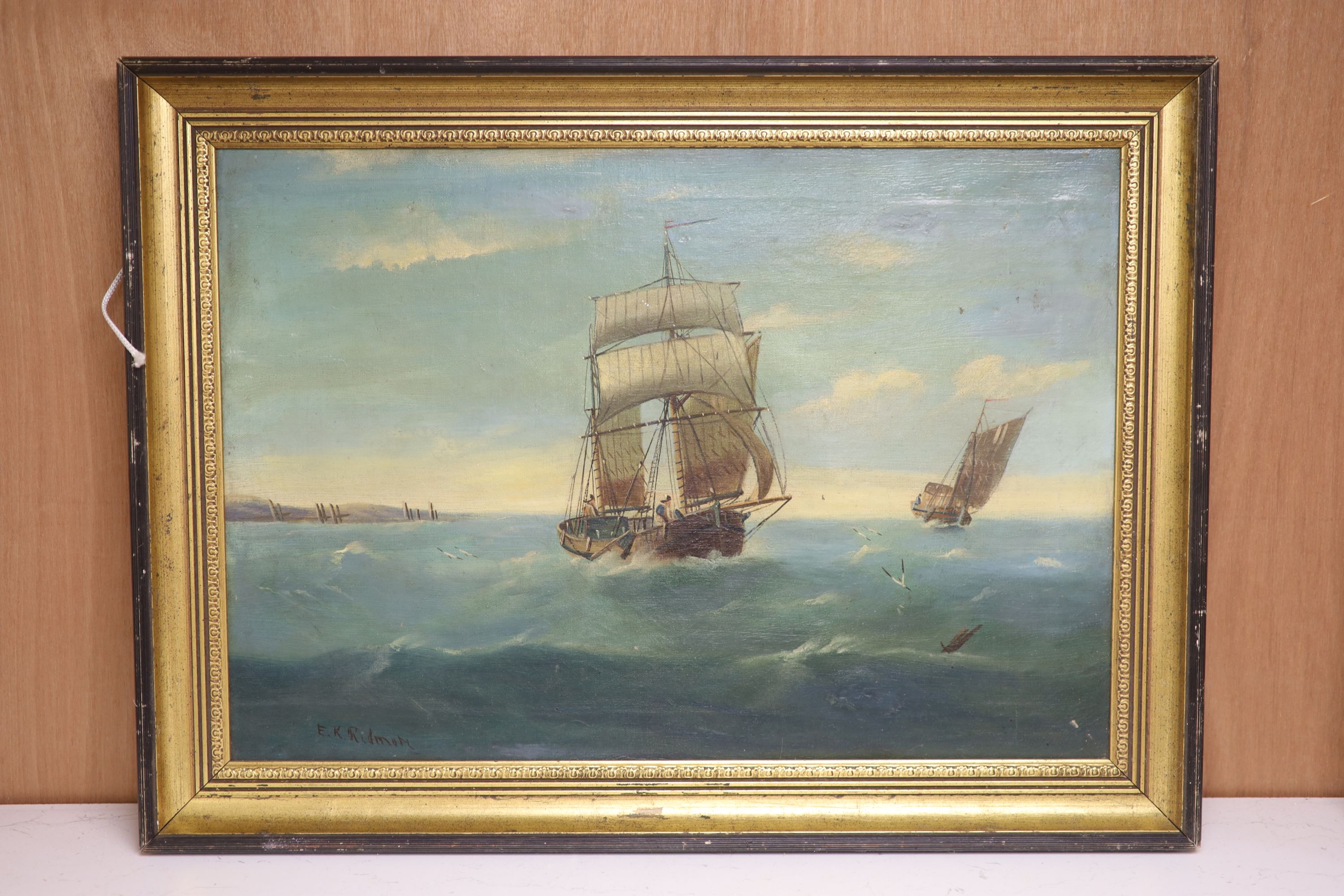 Edward King Redmore (1860-1941), oil on canvas, Sailing boats at sea, signed, 34 x 50cm